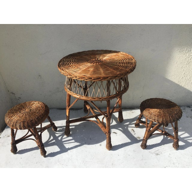 Table and 2 Wicker Stools 1960s, Set of 3 For Sale - Image 10 of 14