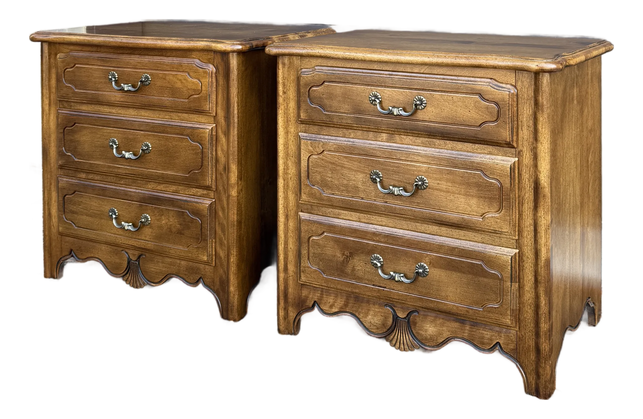 1980s Ethan Allen Country French Birch 3 Drawer Nightstands - A