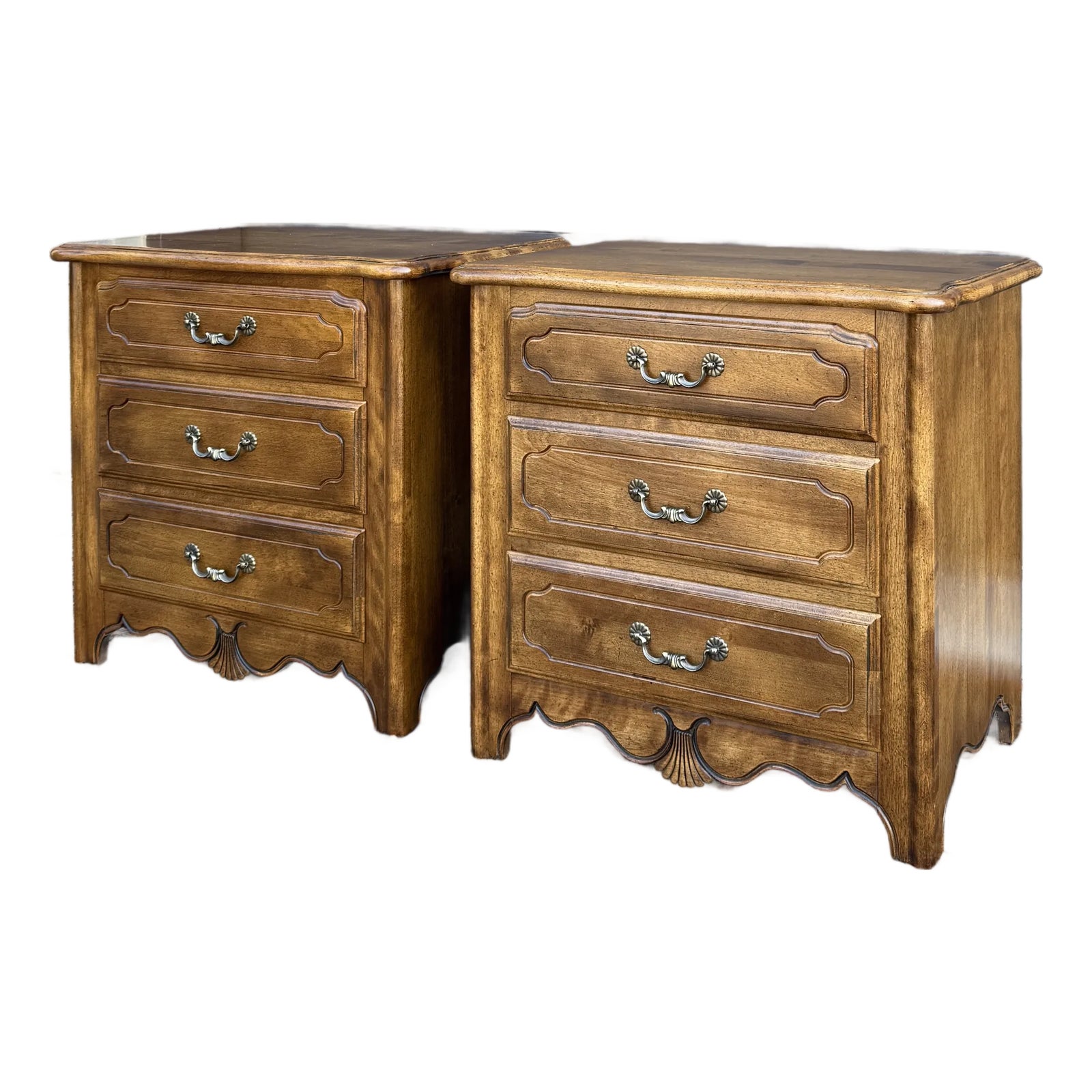 1980s Ethan Allen Country French Birch 3 Drawer Nightstands - A