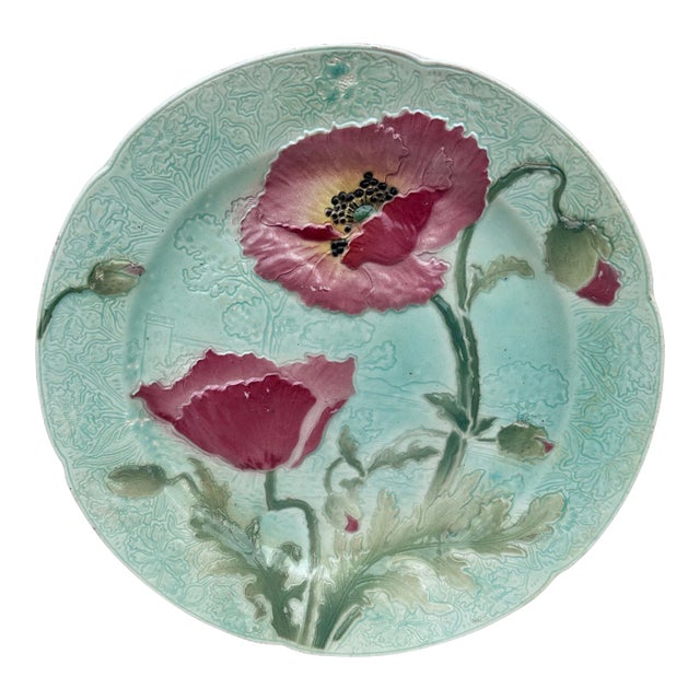 Rare Majolica Poppies Keller & Guerin Saint Clement Plate For Sale