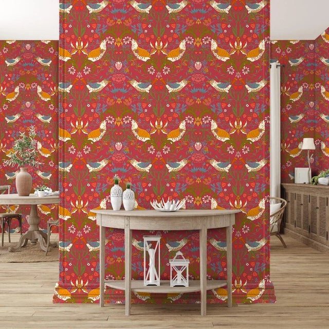 English Strawberry Thief Wallpaper - Crimson-Red - Sample For Sale - Image 3 of 3