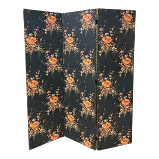 Mid Century Large Wood Asian Screen in a Black Ground Floral - Reverse Is a Gold Landscape Design For Sale