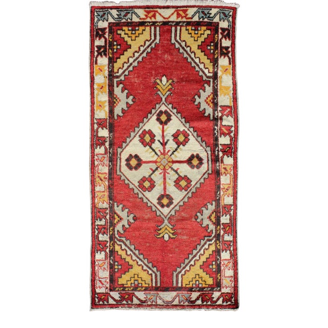 Tribal Medallion Vintage Turkish Oushak Rug in Red, Brown, Gray, Yellow For Sale
