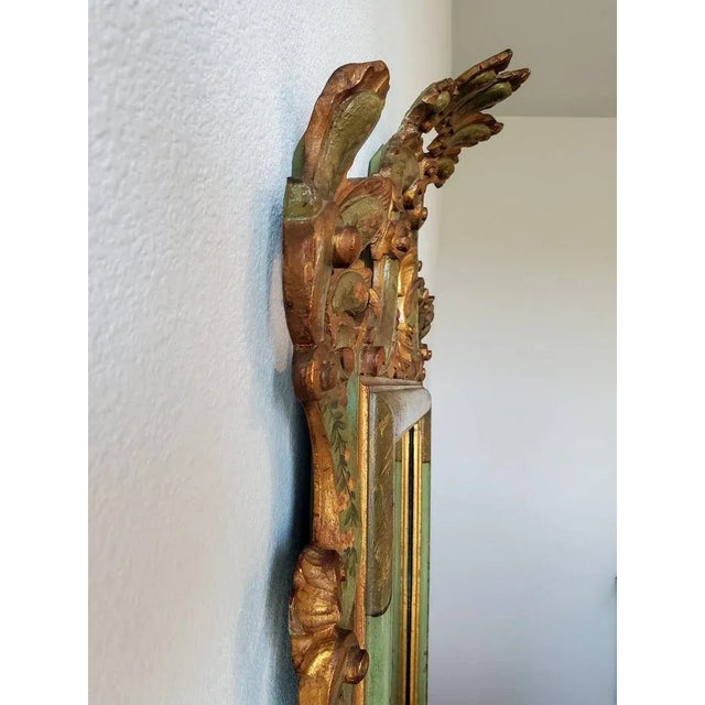 Wood Antique Venetian Rococo Style Carved Polychrome Painted Green Gilt Wood Frame Wall Mirror For Sale - Image 7 of 11