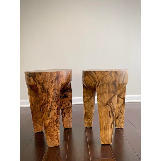 Wood Pair of Polished Solid Teak Burl Wood Three Legged Stools by Made Goods For Sale - Image 7 of 13