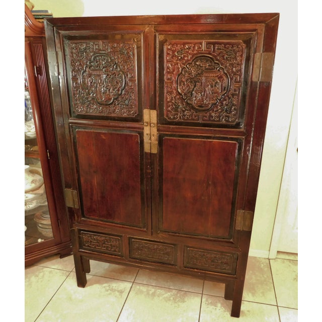 Antique 19th Century Chinese Figural Carved Wood Cabinet or Armoire For Sale - Image 11 of 12
