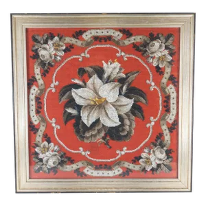 19th Century Victorian Bright Red Floral Beaded Embroidery