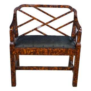 Vintage Chinese Chippendale Faux Tortoise Shell Pierced Trellis Bench Arm Chair For Sale