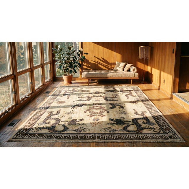 Great Ivory and Lavender Blue Color With Dragons Design Antique Chinese Mongolian Rug For Sale - Image 14 of 15