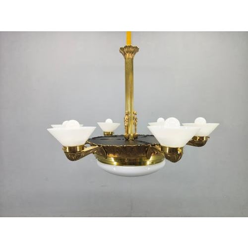 Art Deco Brass Chandelier with Glass Shades, Czechoslovakia, 1930s For Sale - Image 4 of 17
