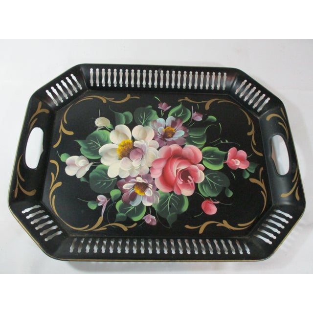 Vintage Hand Painted Floral Reticulated Tole Tray For Sale - Image 9 of 9