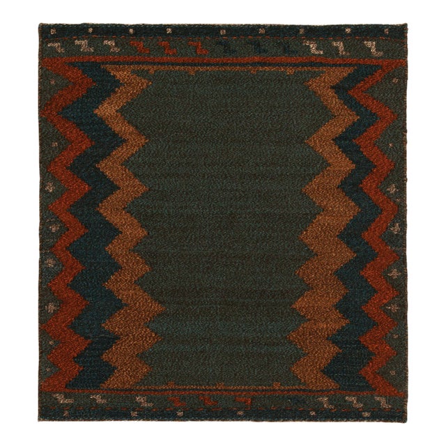 1980s Vintage Sofreh Kilim Rug in Blue and Brown With Chevron Tribal Patterns For Sale
