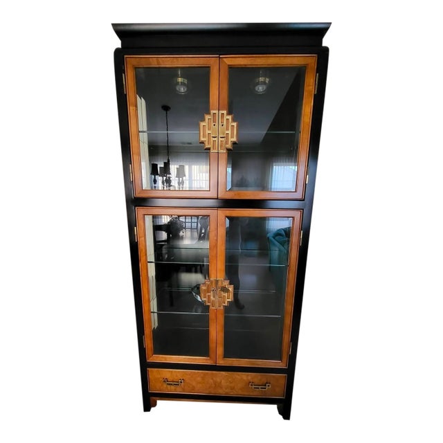 Vintage Raymond Sobota for Century Furniture Chin Hua Chinoiserie Style Burl Wood China / Display Cabinet For Sale