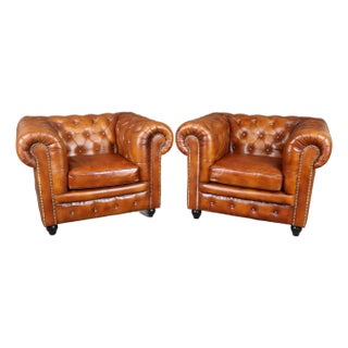 Pair of Tobacco Colored Cigar Custom Leather Chesterfield Club Chairs With Nailheads For Sale