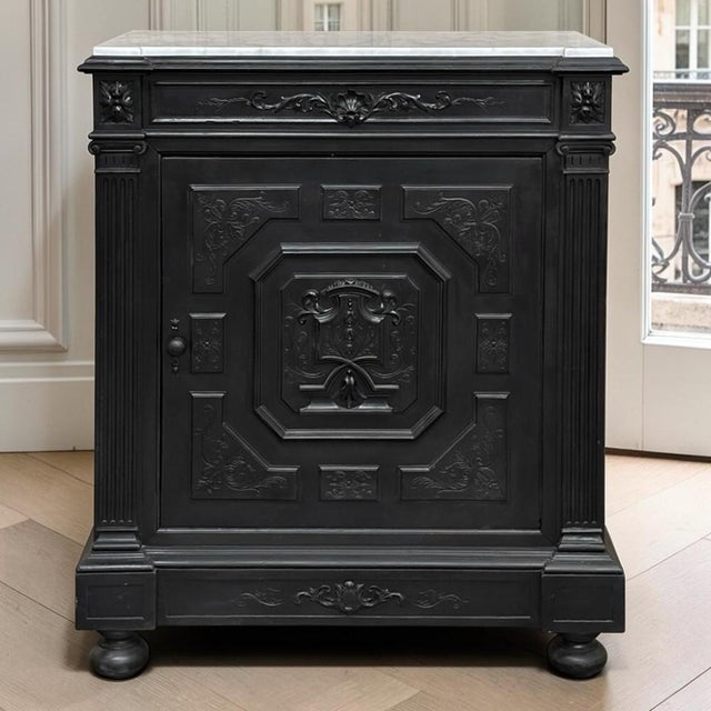 French 19th Century French Napoleon III Ebonized Neoclassical Cabinet With Carrara Marble For Sale - Image 3 of 18
