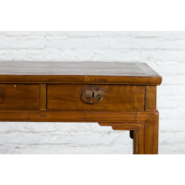 Wood Chinese Qing Dynasty 19th Century Two-Drawer Desk with Bronze Butterfly Hardware For Sale - Image 7 of 12