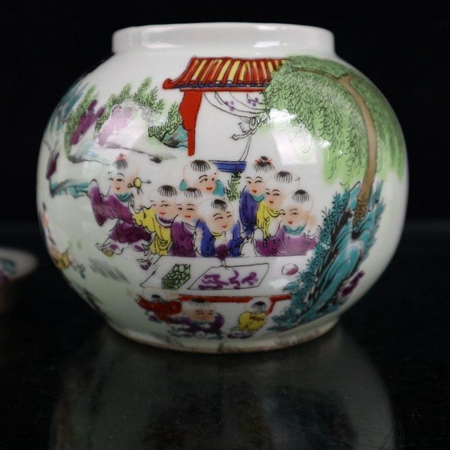 Famille Rose Boys Playing Figural Lidded Ginger Jar, Chinoiserie Porcelain Canister For Sale - Image 9 of 9