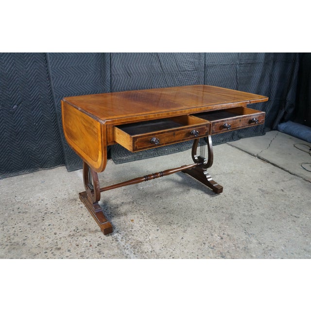 Antique Early 19th C. Regency Flame Mahogany Lyre Base Drop Leaf Sofa Table Desk For Sale - Image 9 of 16