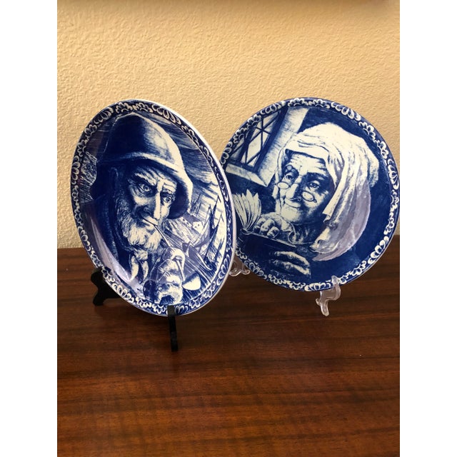 1960s 1960s Vintage Boch Belgium Freres La Louviere Delft Sea Captain & Old Women Wall Plates - Set of 2 For Sale - Image 5 of 9