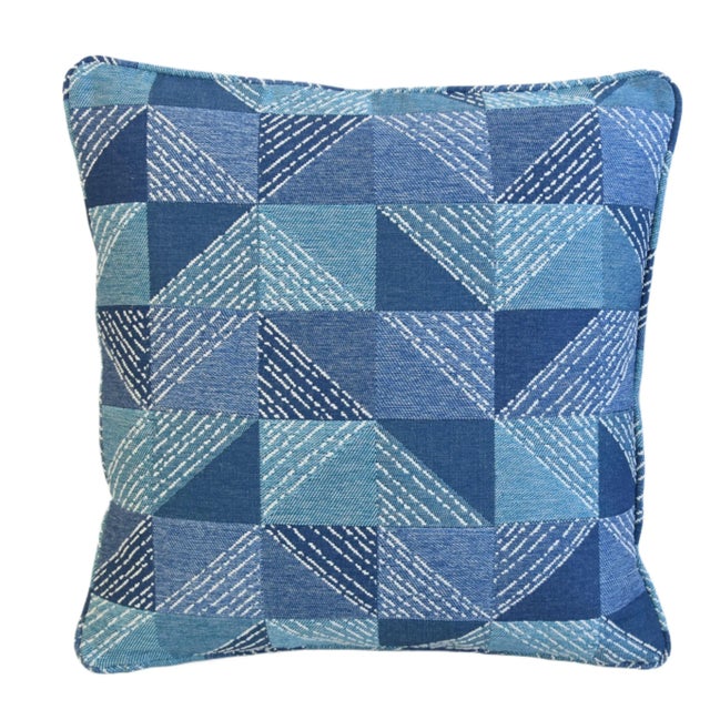 Mid-Century Modern Contemporary Modern Geometric Blue & White Feather/Down Pillow 20" Square For Sale - Image 3 of 4