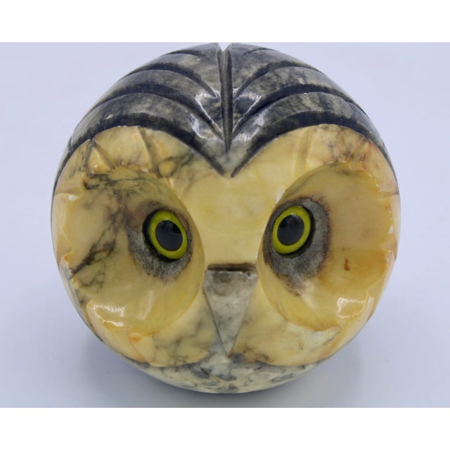 An adorable vintage Italian alabaster owl paperweight with glass eyes, circa 1960s. I love the pale yellow and charcoal...