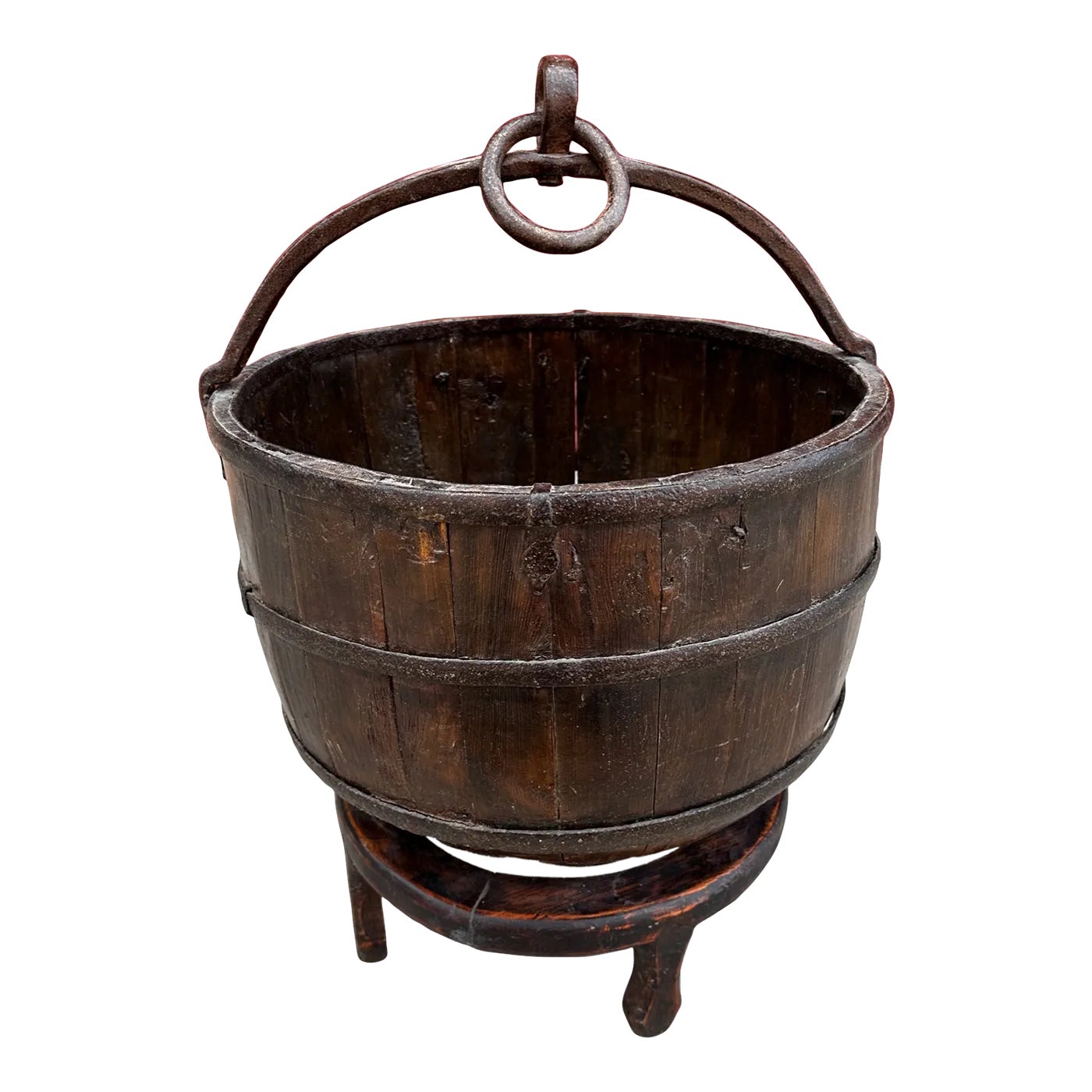 Antique 19th Century Primitive Chinese Rice Bucket With Handle & Stand ...