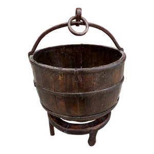 Antique 19th Century Primitive Chinese Rice Bucket With Handle & Stand