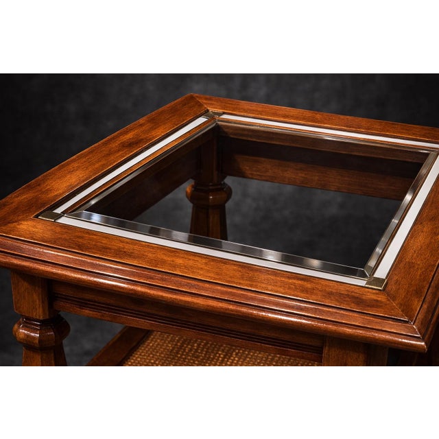 Vintage Burnt Teak Glass Top Accent Table With Cane Shelf – Square Traditional Side Table For Sale - Image 4 of 7