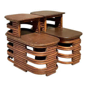 Mid 20th Century Vintage Coastal Paul Frankl Stacked Rattan Side Tables - a Pair