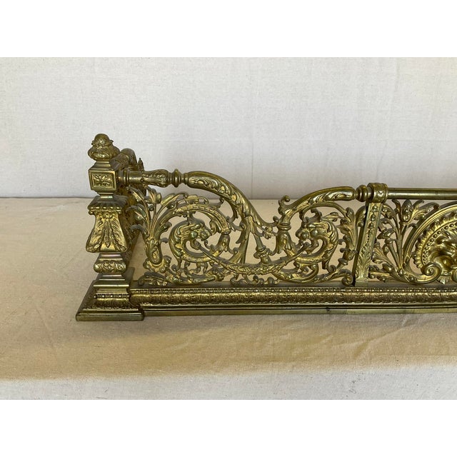 Traditional Fine Antique Lions Head Brass Fireplace Fender With Acorn Finials For Sale - Image 3 of 14