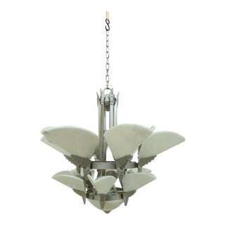 High Quality Art Deco Style Chandelier W. Alabaster Shade For Sale