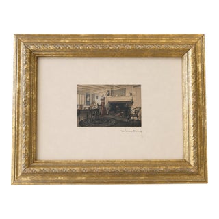 Vintage Wallace Nutting Hand-Colored Photograph, Early American Hearth Interior For Sale