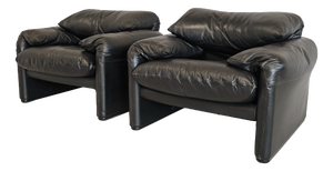 Maralunga Armchairs in Black Leather, 1980s, Set of 2