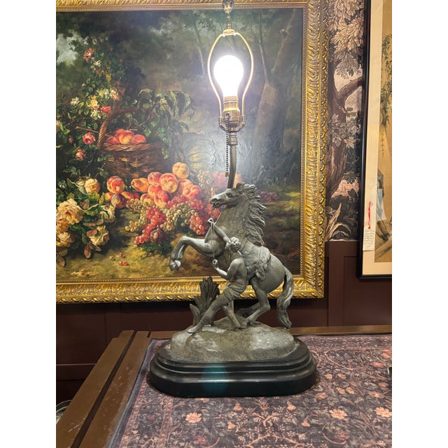Metal Antique Victorian Spelter Marly Horse & Groom Statue Lamp – After Guillaume Coustou, Late 19th Century Gsj For Sale - Image 7 of 8