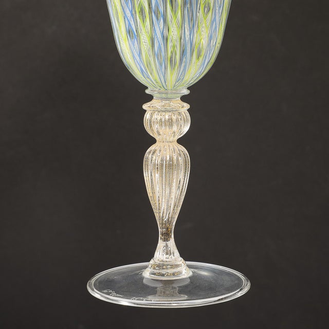 Set of 8 Hand-Blown Murano Latticino Blue & Chartreuse Wine Glasses W/ 24k Gold For Sale - Image 17 of 18
