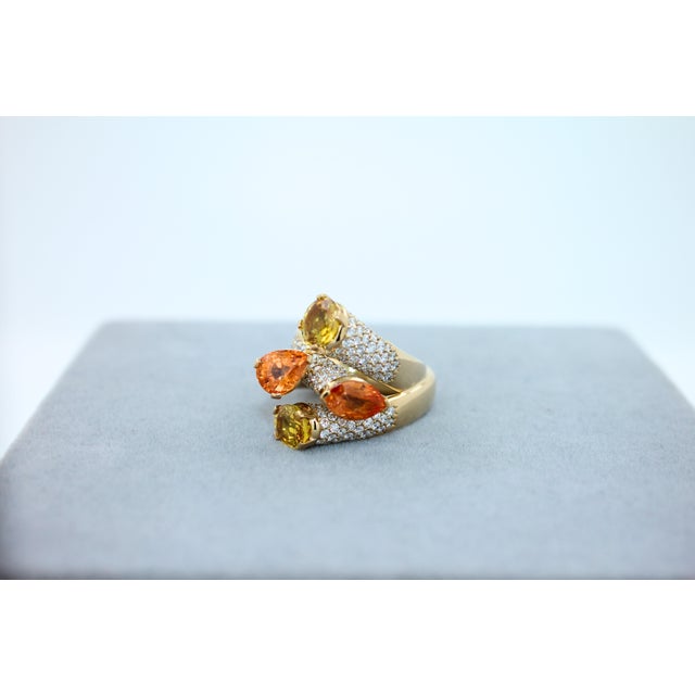Diamond Orange Yellow Sapphire Cocktail Luxury Unique 18 Karat Yellow Gold Ring, Size 6.5 For Sale - Image 15 of 18