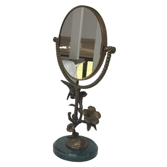1990s Brass and Marble Hummingbird & Flower Tabletop Vanity Mirror For Sale - Image 5 of 12