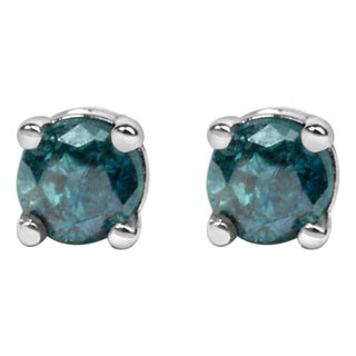 925 Sterling Silver Round Brilliant-Cut Blue Diamond Classic 4-Prong Stud Earrings, A Pair For Sale