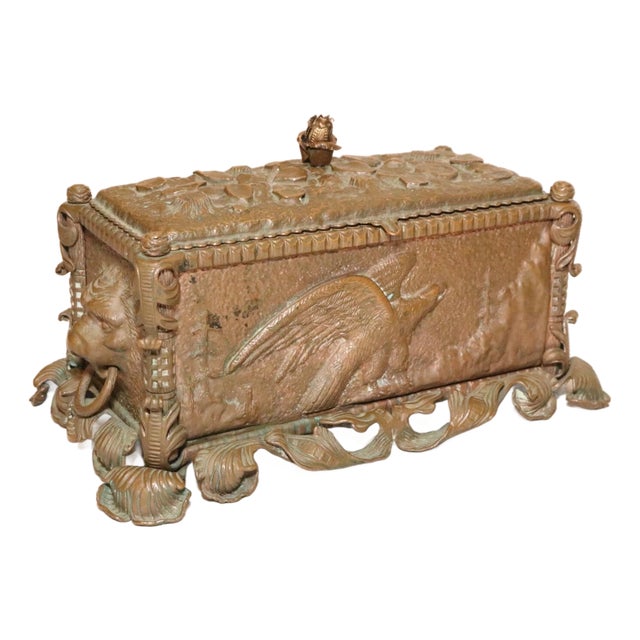 Rare Antique Hand Tooled Ornate Bronze Figural Eagle Lion Casket Dresser Box Jar For Sale
