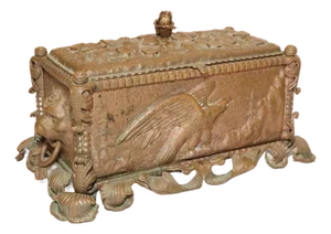 Rare Antique Hand Tooled Ornate Bronze Figural Eagle Lion Casket Dresser Box Jar