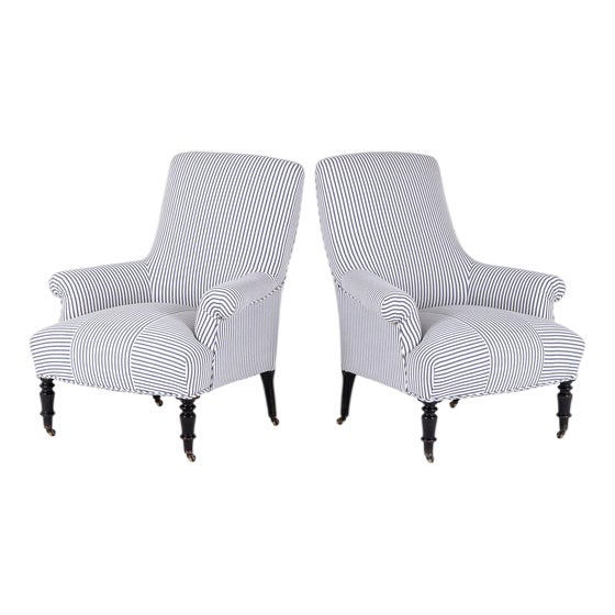 French Armchairs in Princeton Ticking, Set of 2 For Sale