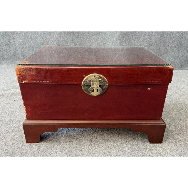 Mid 20th Century Red Leather Trunk on Wooden Stand For Sale - Image 12 of 16