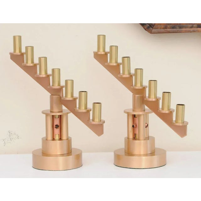 These substantial and very heavy one of a kind handmade pair of mid century modern machine age like bronze, brass and...