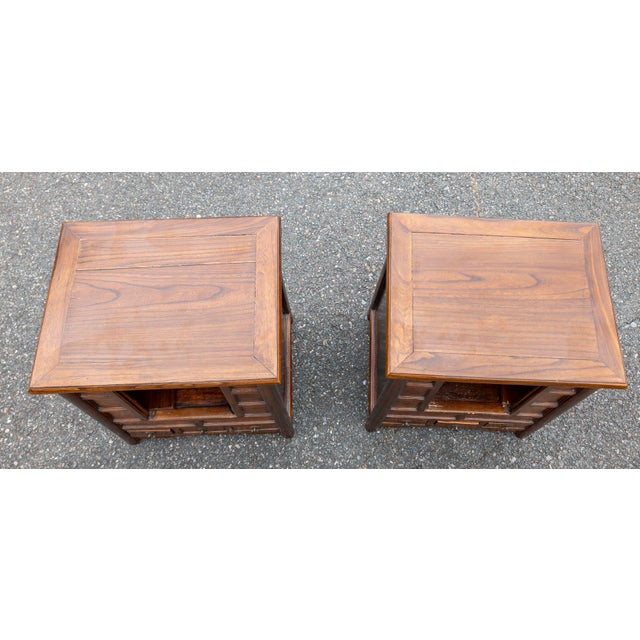 Brown Early 20th Century Pair of Chinese Elm Cabinets for End Tables or Nightstands For Sale - Image 8 of 14