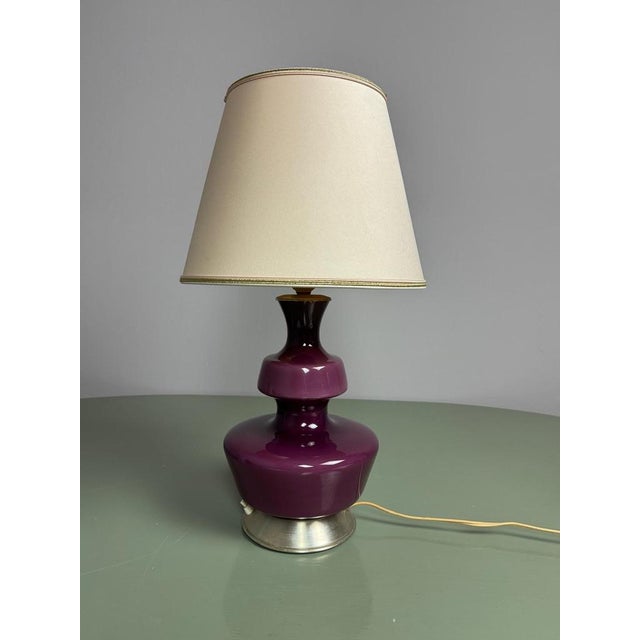 Mid-Century Purple Opaline Glass Table Lamp with Cream Lampshade from Glasfabriek De Rupel, Belgium, 1960s For Sale - Image 14 of 14
