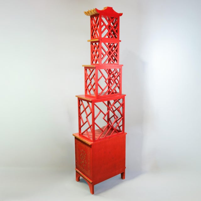 Vintage Chinoiserie Red Lacquer Duchess of Windsor Style Pagoda Etagere Cabinet For Sale - Image 13 of 18