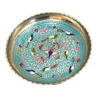 Silver/Blue Enameled Bird Small Ash Tray or Change Tray For Sale