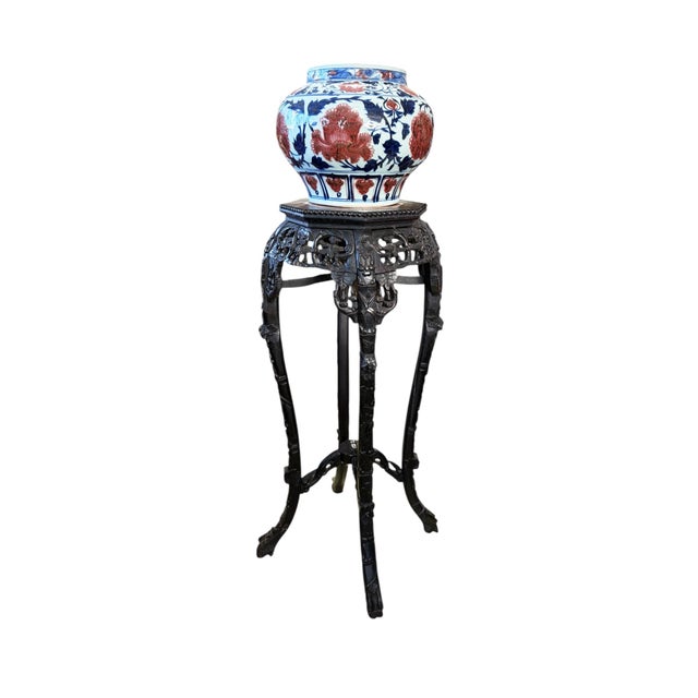 19th Century Chinese Rosewood Carved Tall Pedestal Stand Table Marble Top35.5" H For Sale - Image 4 of 9