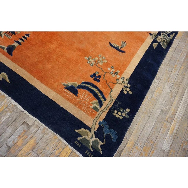 1920s Orange Medallion Scene Antique Chinese Art Deco Carpet 6 'X 8'6" Knotted Wool Rug For Sale - Image 14 of 15
