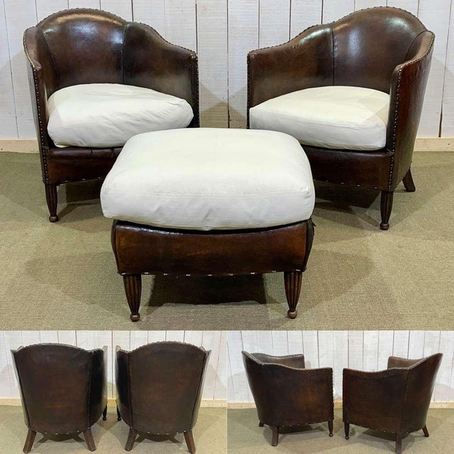 Art Deco period club lounge set in leather and fabric seating - Dimensions: Armchair: L=65cm, D=72cm, H=76cm, seat H=45cm...